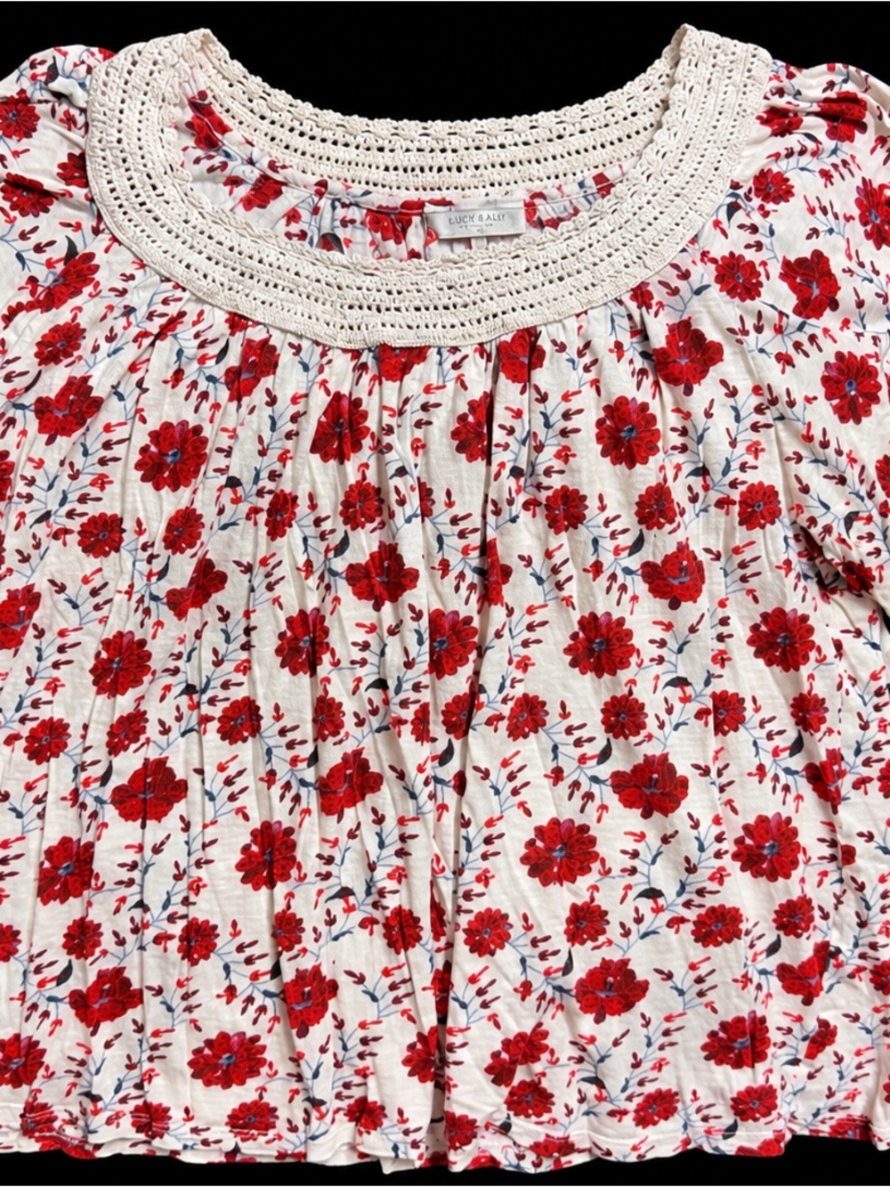 Lucky Brand Cream Crochet-Yoke Blouse with Red Floral Print